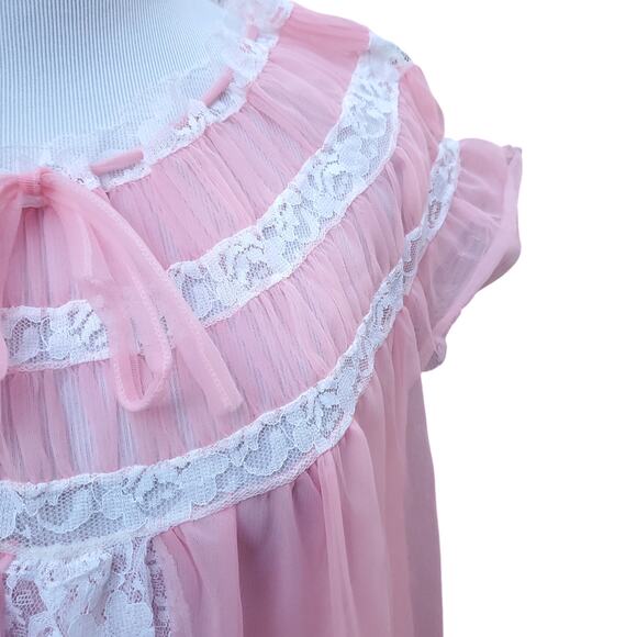 Vintage Helion Chatillon Pink Nightgown Negligee Nylon Nightdress Fits a XS-L - Picture 9 of 14
